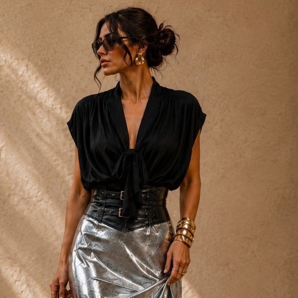 Zara Collection Woman‎ Basic Black Wrap Tie Front Blouson Top Small